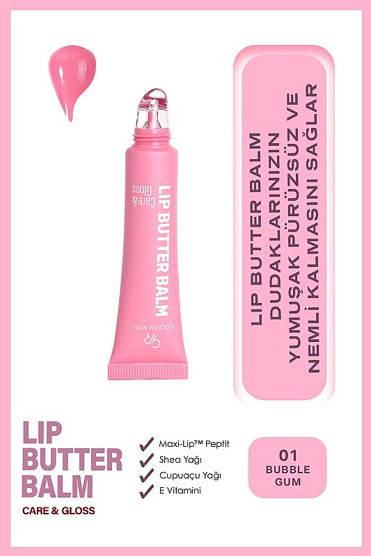  Lip Butter Balm Care&Gloss - 01 Bubble Gum - Renkli Dudak Parlatıcısı - 1